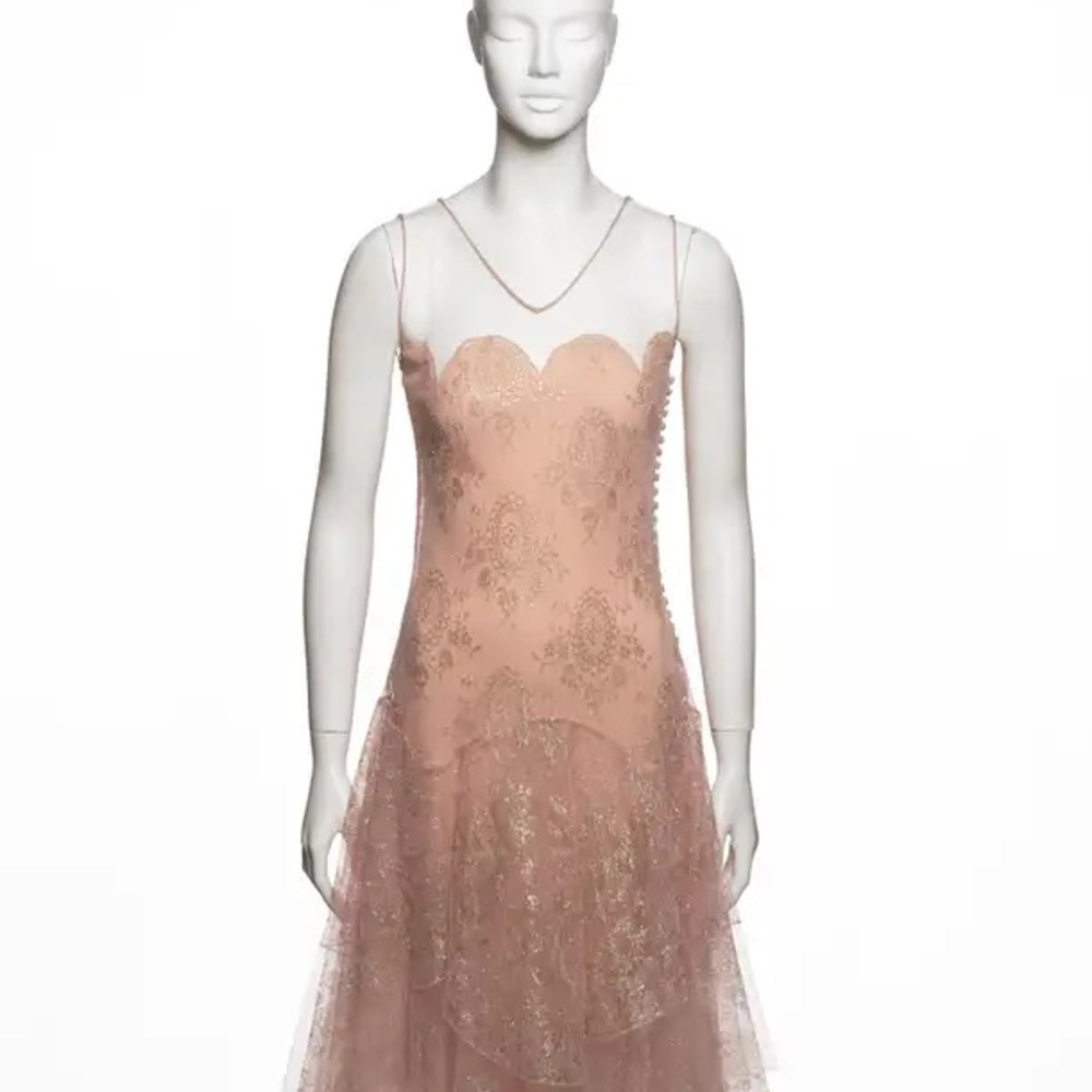 Blush Lace Tulle Evening Gown - Picture 3 of 12